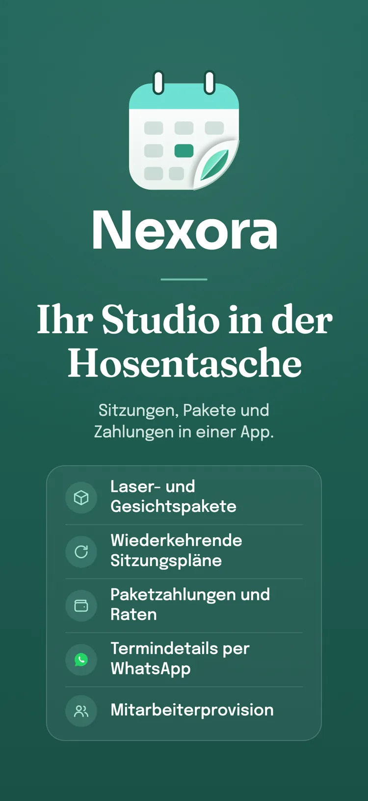 Abschlussbildschirm von Nexora: die Funktionsliste Ihrer Branche; Termine, Pakete und Zahlungen in einer App.