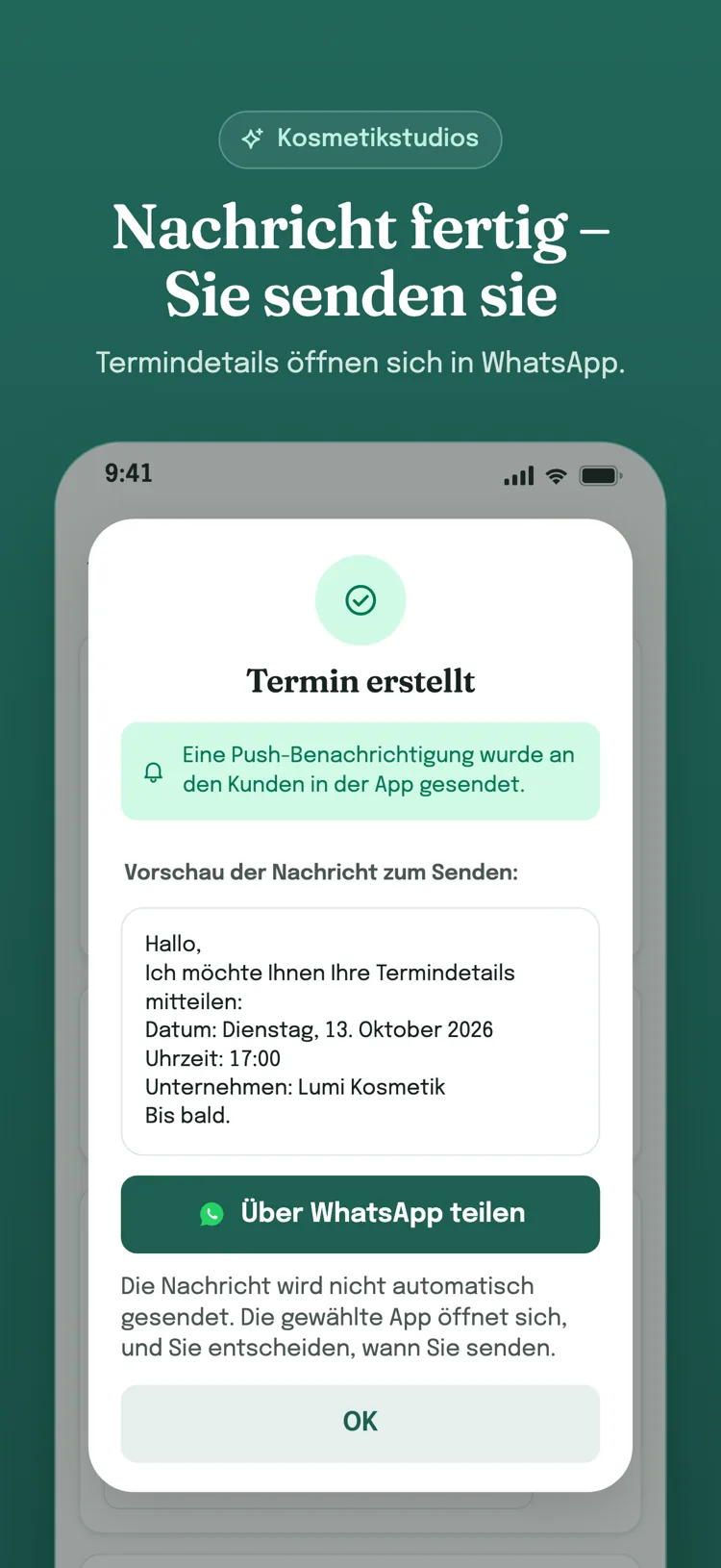 Dialog nach dem Anlegen eines Termins: Eine vorbereitete Nachricht öffnet sich in WhatsApp; der Betrieb sendet sie selbst ab.