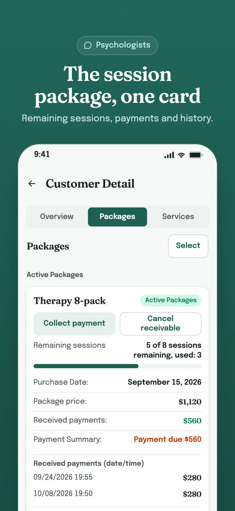 Package card in customer details: remaining sessions, received payments and usage history on one card.