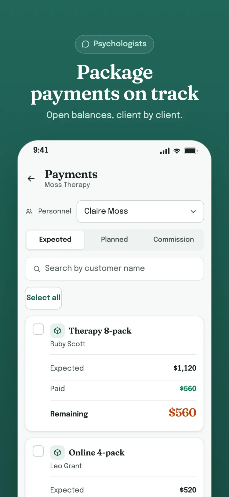 Payments screen, Expected tab: each customer's expected, paid and remaining amount on its own card.