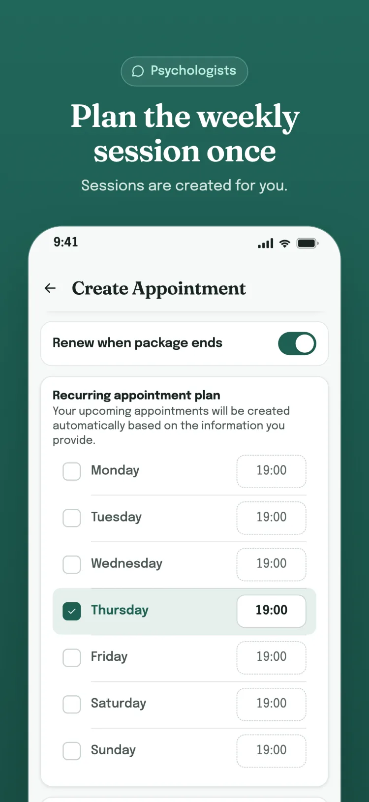 Recurring appointment plan: selected weekdays and times; renews when the package ends.