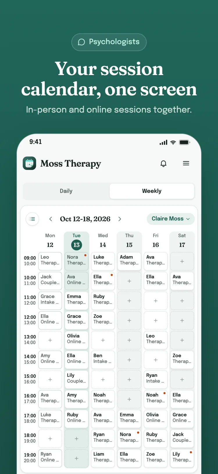 Weekly appointment calendar: the sector's service, package and group appointments for the whole week on one screen; open slots show a plus sign.
