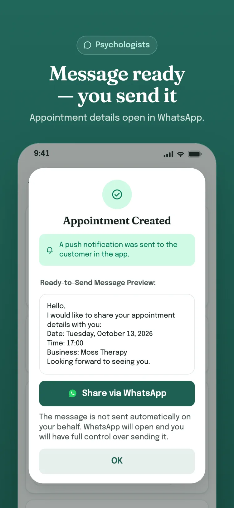 Appointment created dialog: a ready message opens in WhatsApp; the business sends it itself.