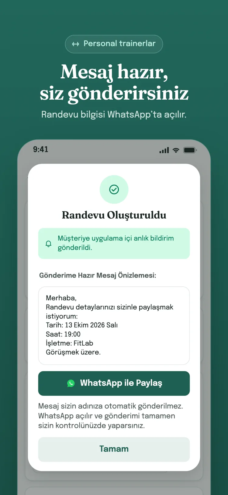 Randevu oluşturuldu penceresi: hazır mesaj WhatsApp'ta açılır; mesajı işletme kendisi gönderir.