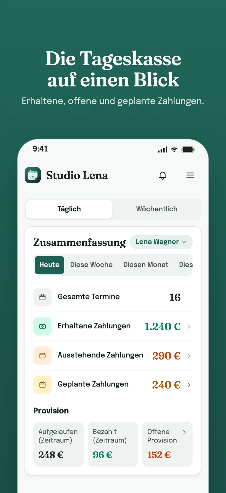 Die heutigen Einnahmen auf einen Blick – Tagesübersicht: Termine insgesamt, erhaltene, ausstehende und geplante Zahlungen sowie die Provision der Mitarbeiter.