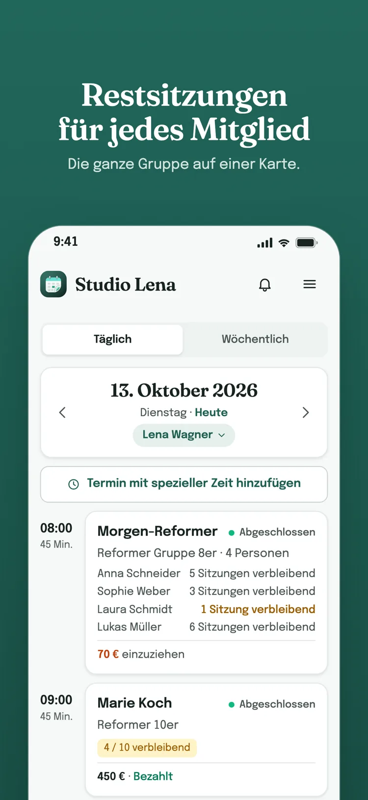 Die Restsitzungen jedes Teilnehmers – Gruppenstunde in der Tagesliste: die verbleibenden Sitzungen jedes Teilnehmers werden einzeln angezeigt.