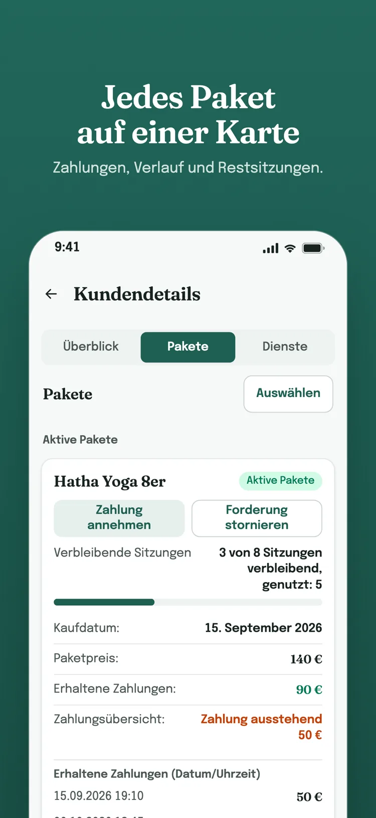 Jedes Paket auf einer Karte – Paket in den Kundendetails: verbleibende Sitzungen, erhaltene Zahlungen und Nutzungsverlauf auf einer Karte.