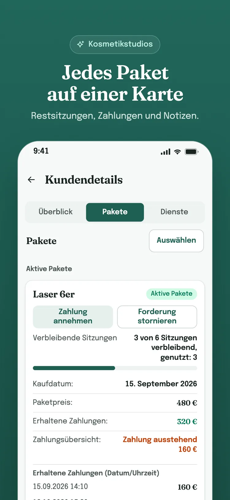 Paketkarte in den Kundendetails: verbleibende Sitzungen, erhaltene Zahlungen und Nutzungsverlauf auf einer Karte.