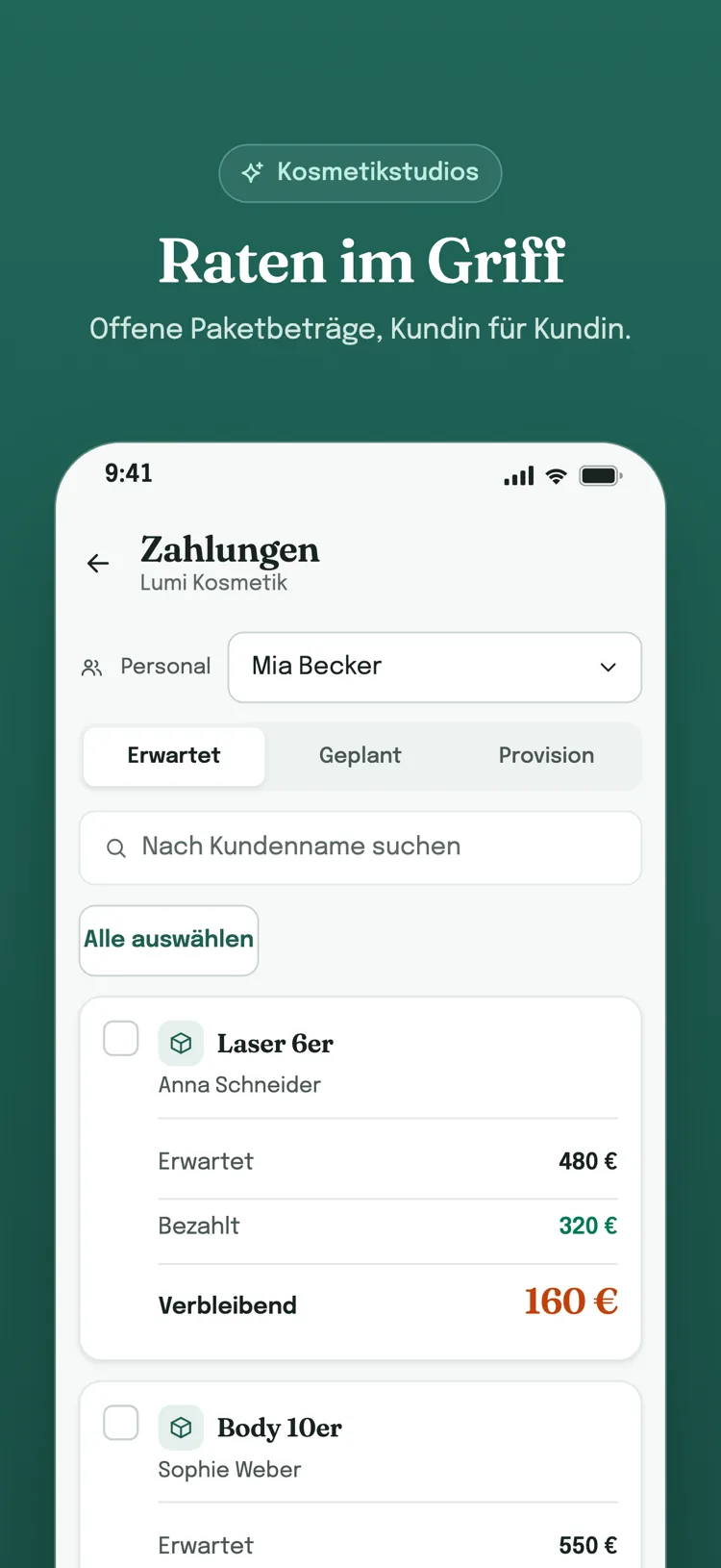 Zahlungsbildschirm, Reiter „Erwartet“: erwarteter, bezahlter und offener Betrag jedes Kunden auf einer eigenen Karte.