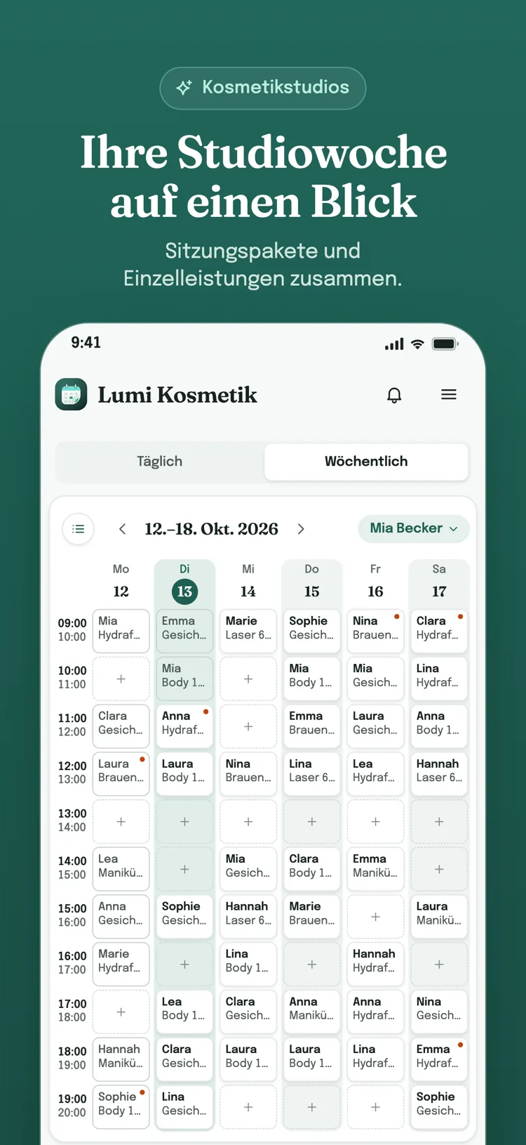 Wochenkalender für Termine: Leistungen, Pakete und Gruppentermine Ihrer Branche für die ganze Woche auf einem Bildschirm; freie Zeitfenster zeigen ein Plus-Zeichen.