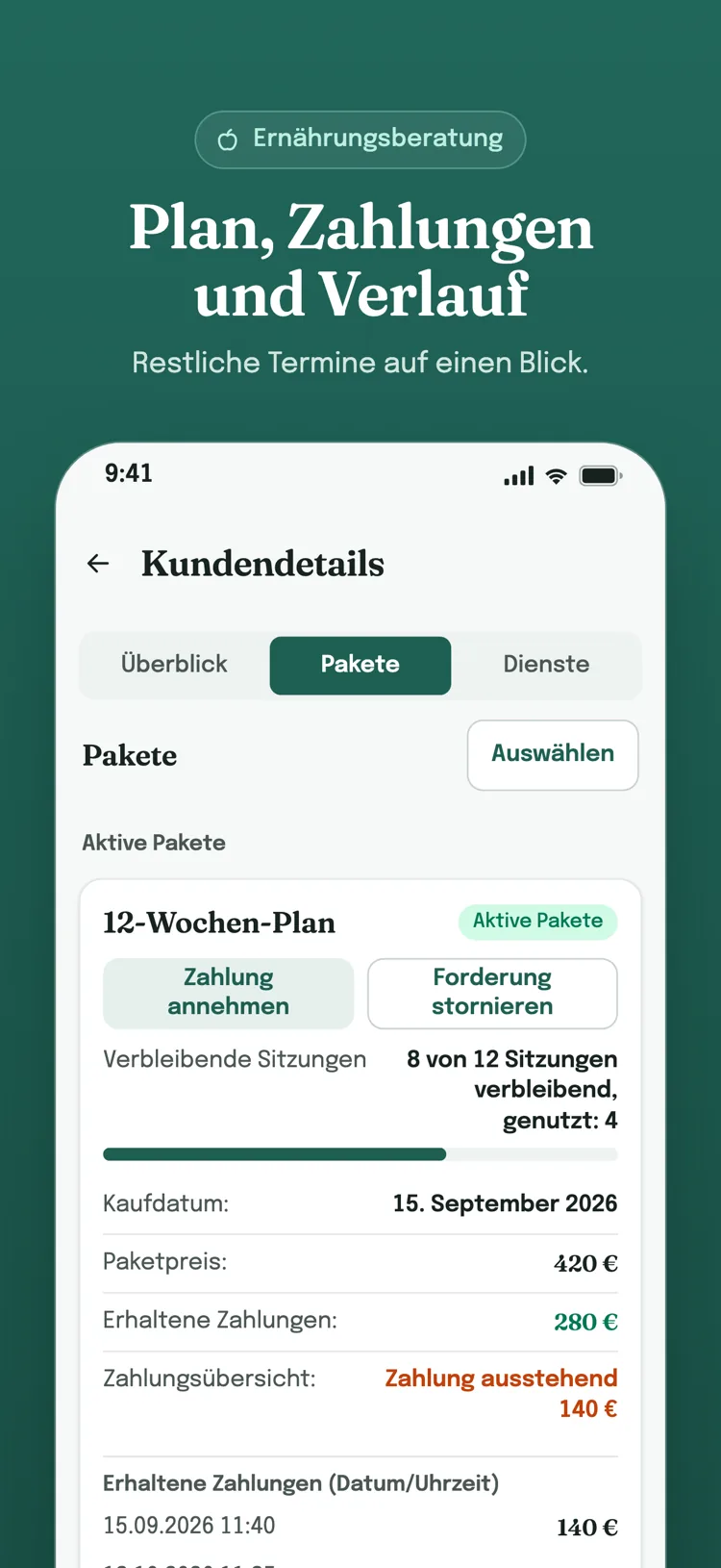 Paketkarte in den Kundendetails: verbleibende Sitzungen, erhaltene Zahlungen und Nutzungsverlauf auf einer Karte.