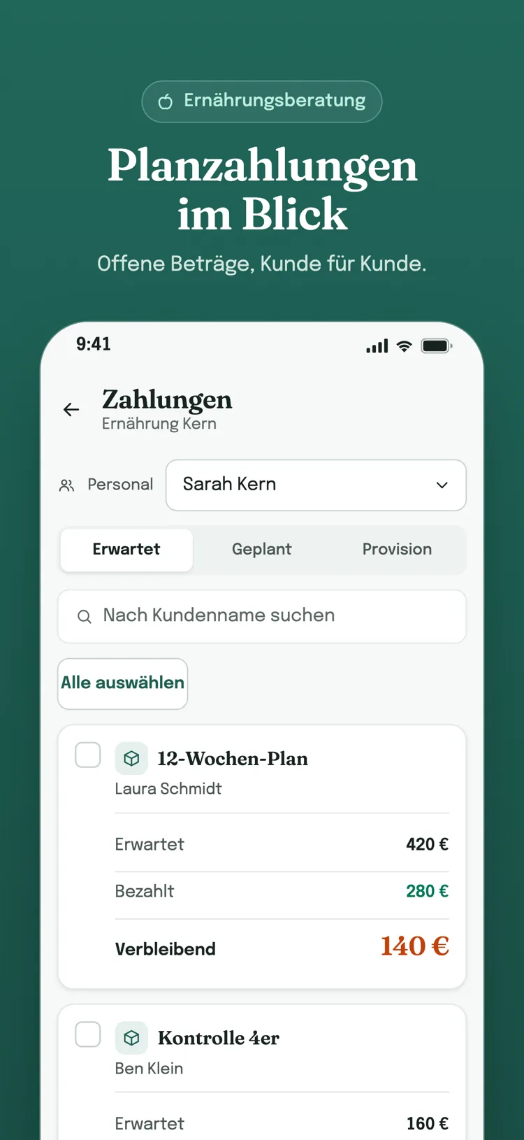 Zahlungsbildschirm, Reiter „Erwartet“: erwarteter, bezahlter und offener Betrag jedes Kunden auf einer eigenen Karte.