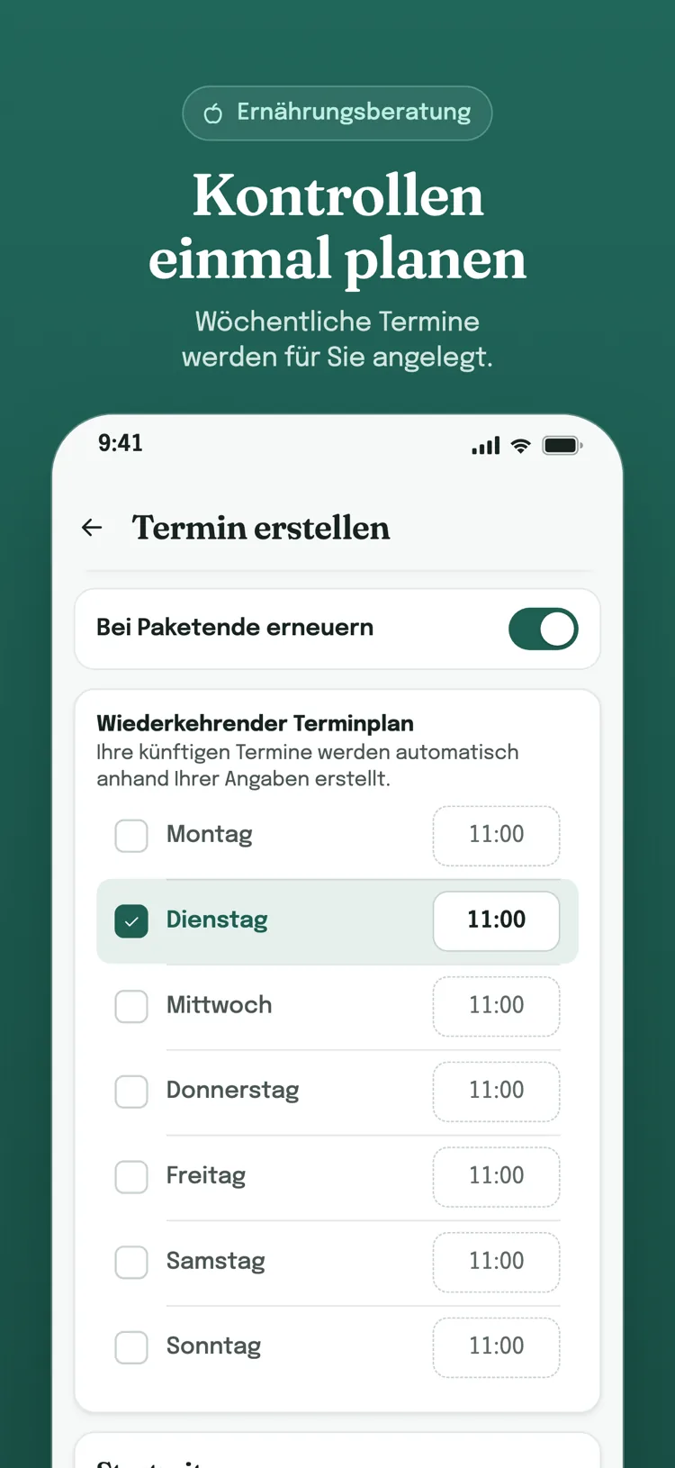 Plan für Serientermine: gewählte Wochentage und Uhrzeiten; erneuert sich, wenn das Paket endet.