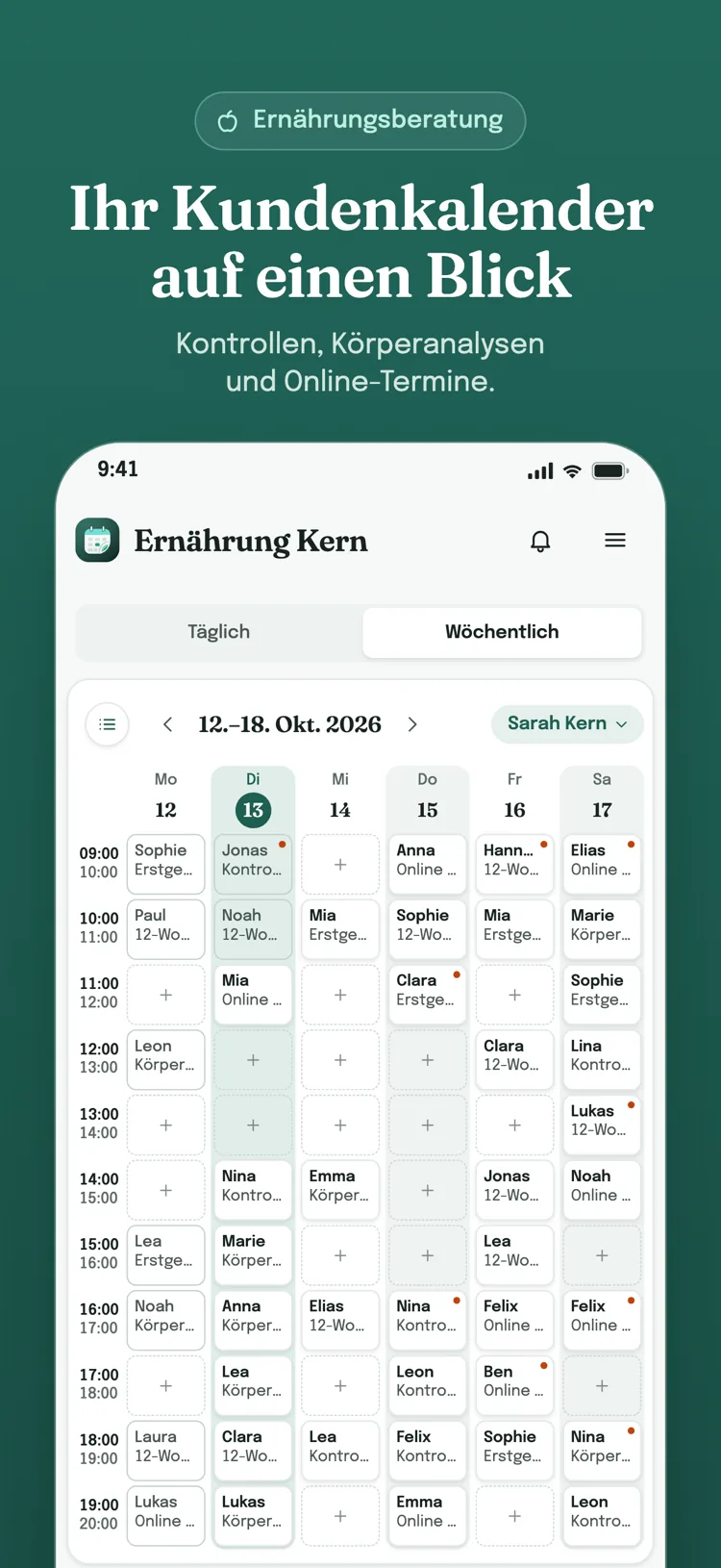 Wochenkalender für Termine: Leistungen, Pakete und Gruppentermine Ihrer Branche für die ganze Woche auf einem Bildschirm; freie Zeitfenster zeigen ein Plus-Zeichen.