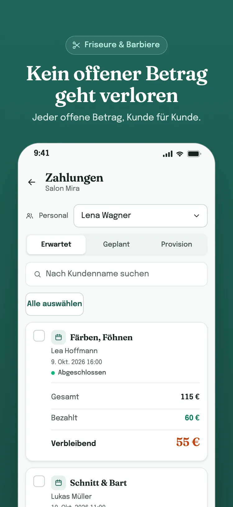 Zahlungsbildschirm, Reiter „Erwartet“: erwarteter, bezahlter und offener Betrag jedes Kunden auf einer eigenen Karte.