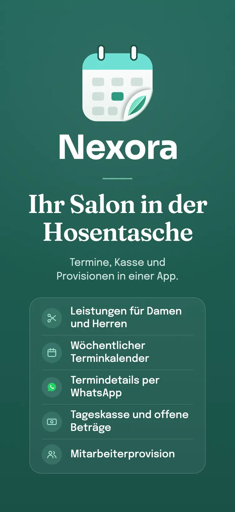 Abschlussbildschirm von Nexora: die Funktionsliste Ihrer Branche; Termine, Pakete und Zahlungen in einer App.