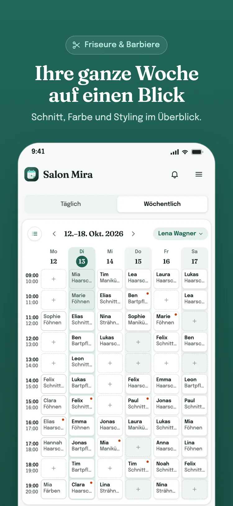 Wochenkalender für Termine: Leistungen, Pakete und Gruppentermine Ihrer Branche für die ganze Woche auf einem Bildschirm; freie Zeitfenster zeigen ein Plus-Zeichen.