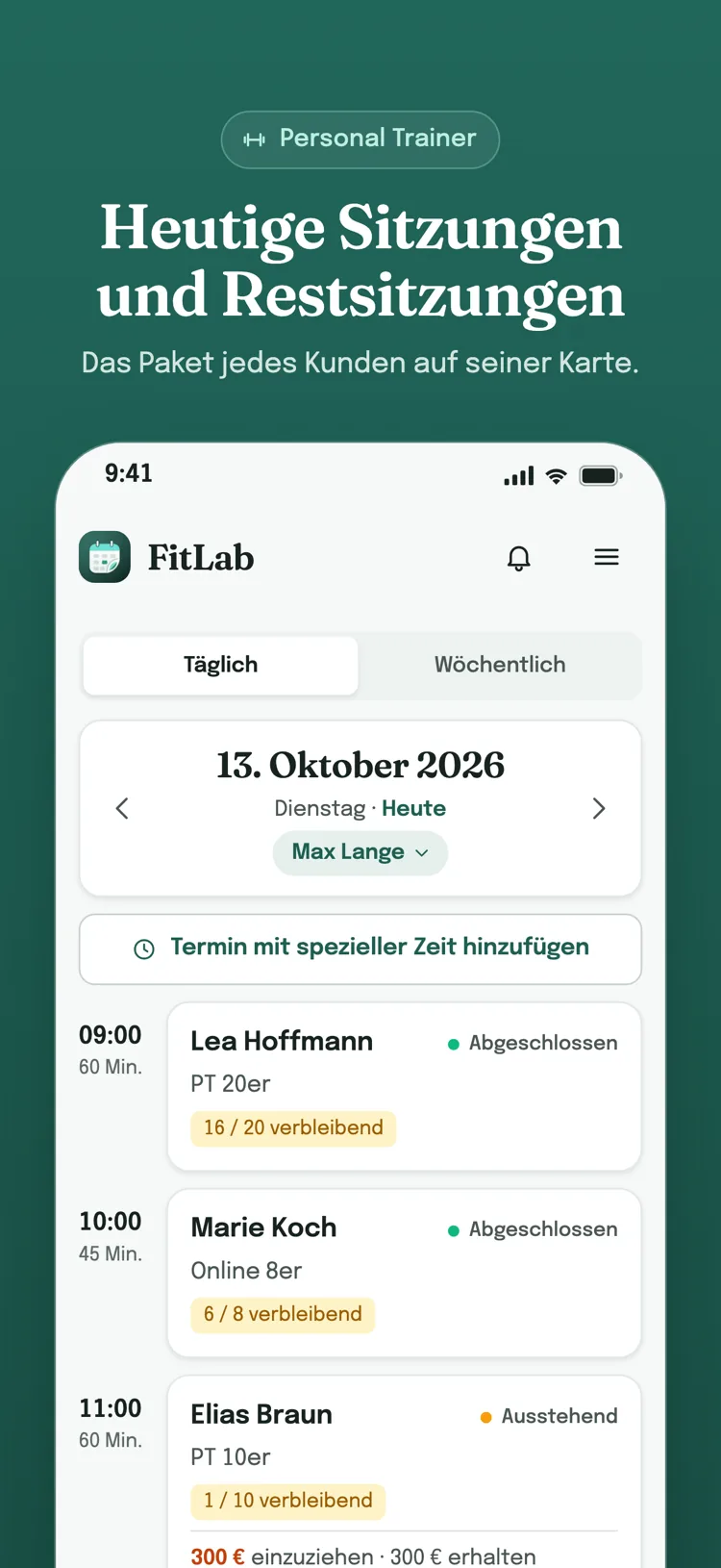 Tagesliste: die Termine des Tages Stunde für Stunde; Zahlungsstatus für Leistungen, Restsitzungen für Pakete und für jeden Gruppenteilnehmer.