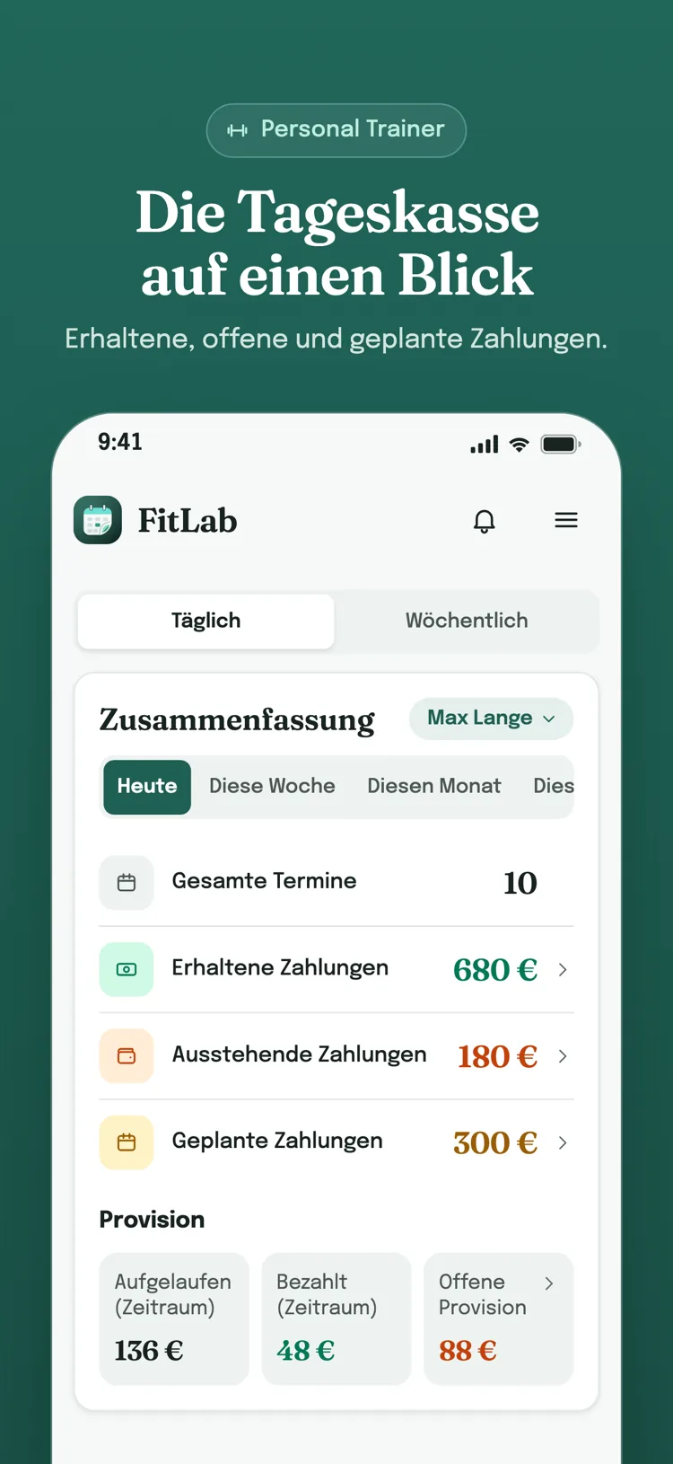 Tagesübersicht: Termine insgesamt, erhaltene, ausstehende und geplante Zahlungen sowie die Provision der Mitarbeiter.