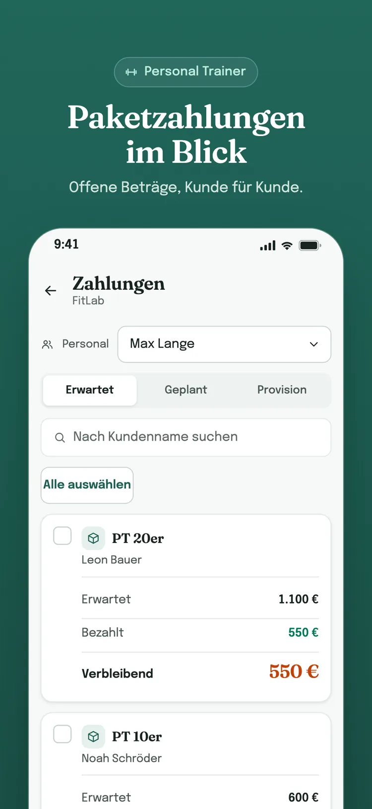 Zahlungsbildschirm, Reiter „Erwartet“: erwarteter, bezahlter und offener Betrag jedes Kunden auf einer eigenen Karte.
