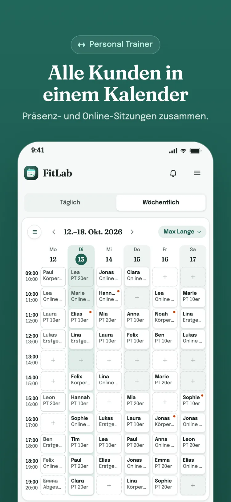 Wochenkalender für Termine: Leistungen, Pakete und Gruppentermine Ihrer Branche für die ganze Woche auf einem Bildschirm; freie Zeitfenster zeigen ein Plus-Zeichen.