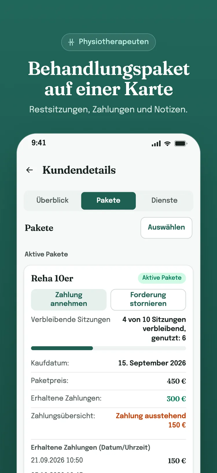 Paketkarte in den Kundendetails: verbleibende Sitzungen, erhaltene Zahlungen und Nutzungsverlauf auf einer Karte.
