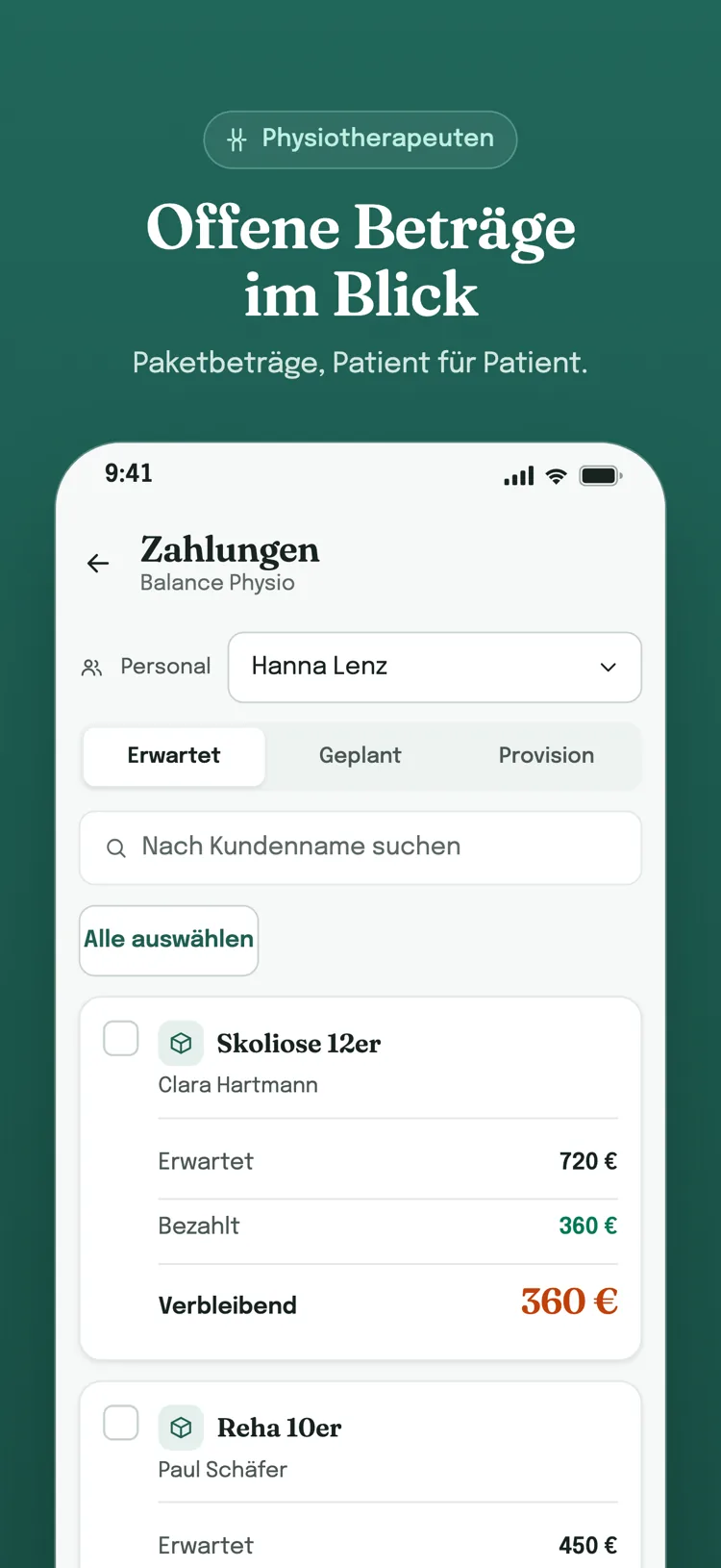Zahlungsbildschirm, Reiter „Erwartet“: erwarteter, bezahlter und offener Betrag jedes Kunden auf einer eigenen Karte.