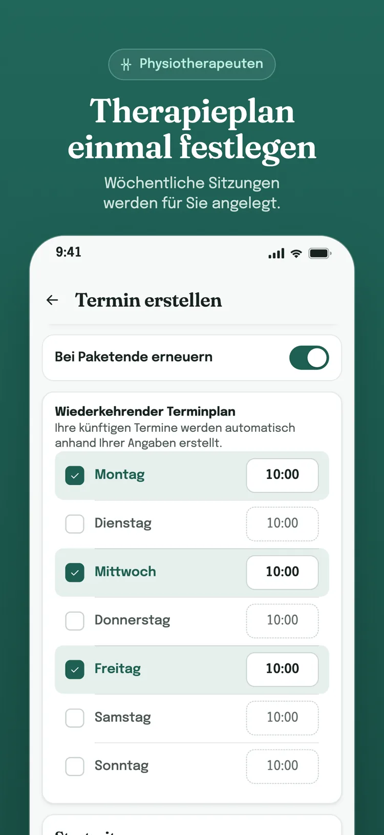 Plan für Serientermine: gewählte Wochentage und Uhrzeiten; erneuert sich, wenn das Paket endet.