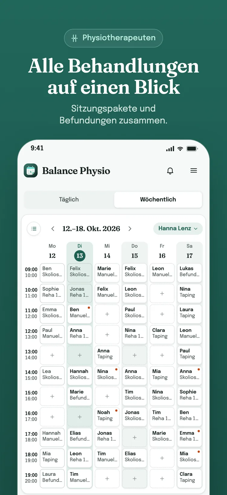 Wochenkalender für Termine: Leistungen, Pakete und Gruppentermine Ihrer Branche für die ganze Woche auf einem Bildschirm; freie Zeitfenster zeigen ein Plus-Zeichen.