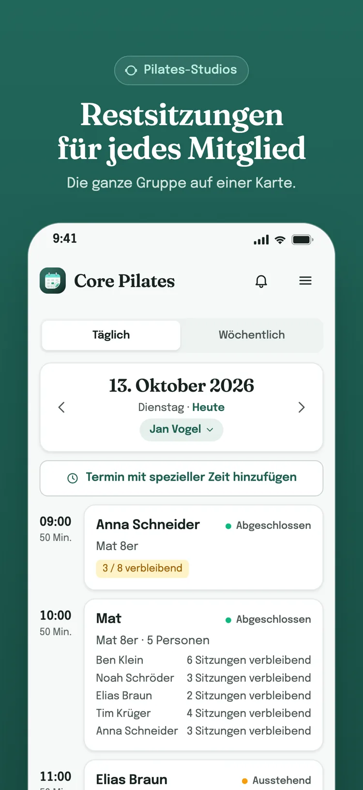 Tagesliste: die Termine des Tages Stunde für Stunde; Zahlungsstatus für Leistungen, Restsitzungen für Pakete und für jeden Gruppenteilnehmer.