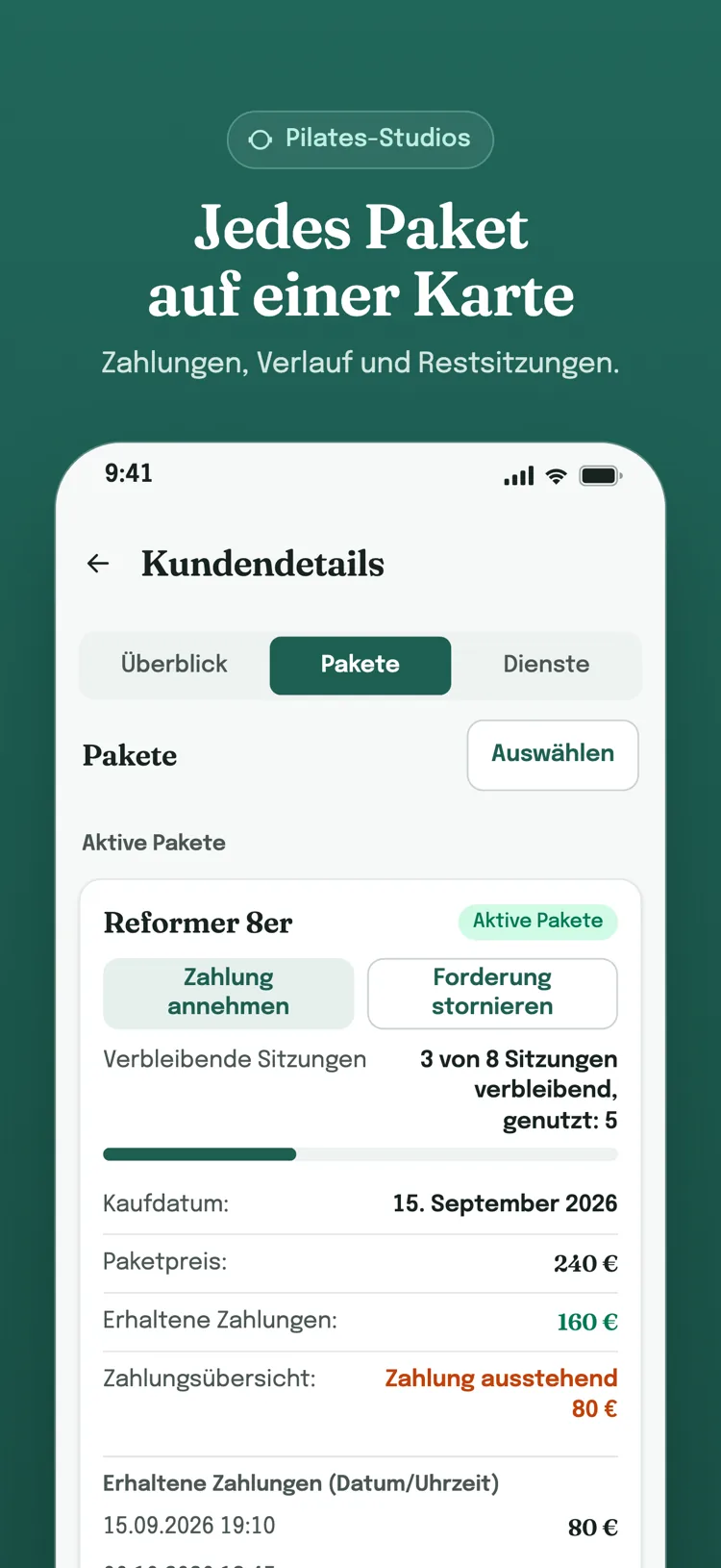 Paketkarte in den Kundendetails: verbleibende Sitzungen, erhaltene Zahlungen und Nutzungsverlauf auf einer Karte.
