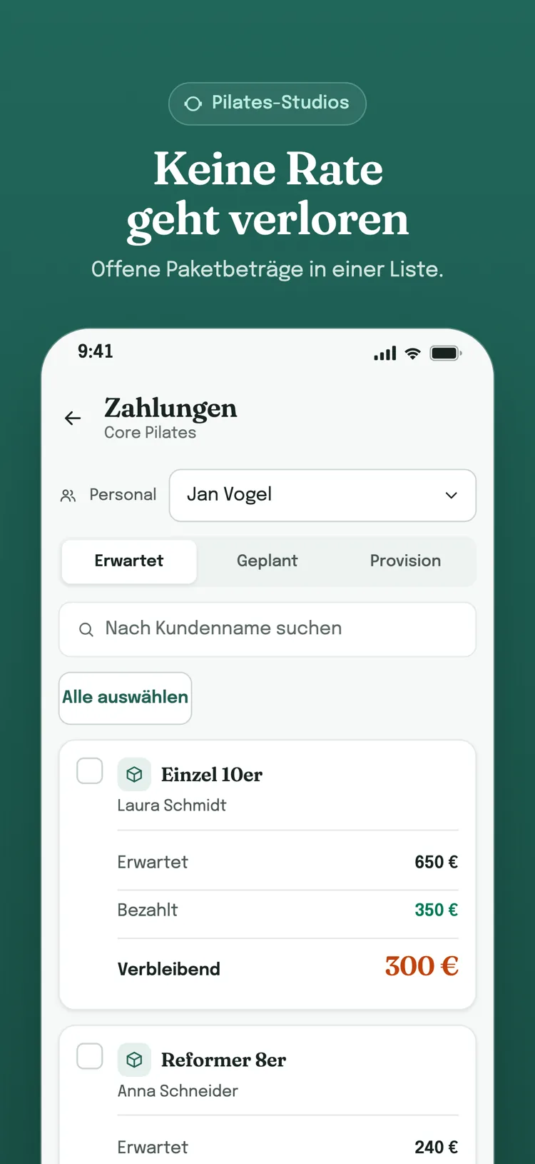 Zahlungsbildschirm, Reiter „Erwartet“: erwarteter, bezahlter und offener Betrag jedes Kunden auf einer eigenen Karte.