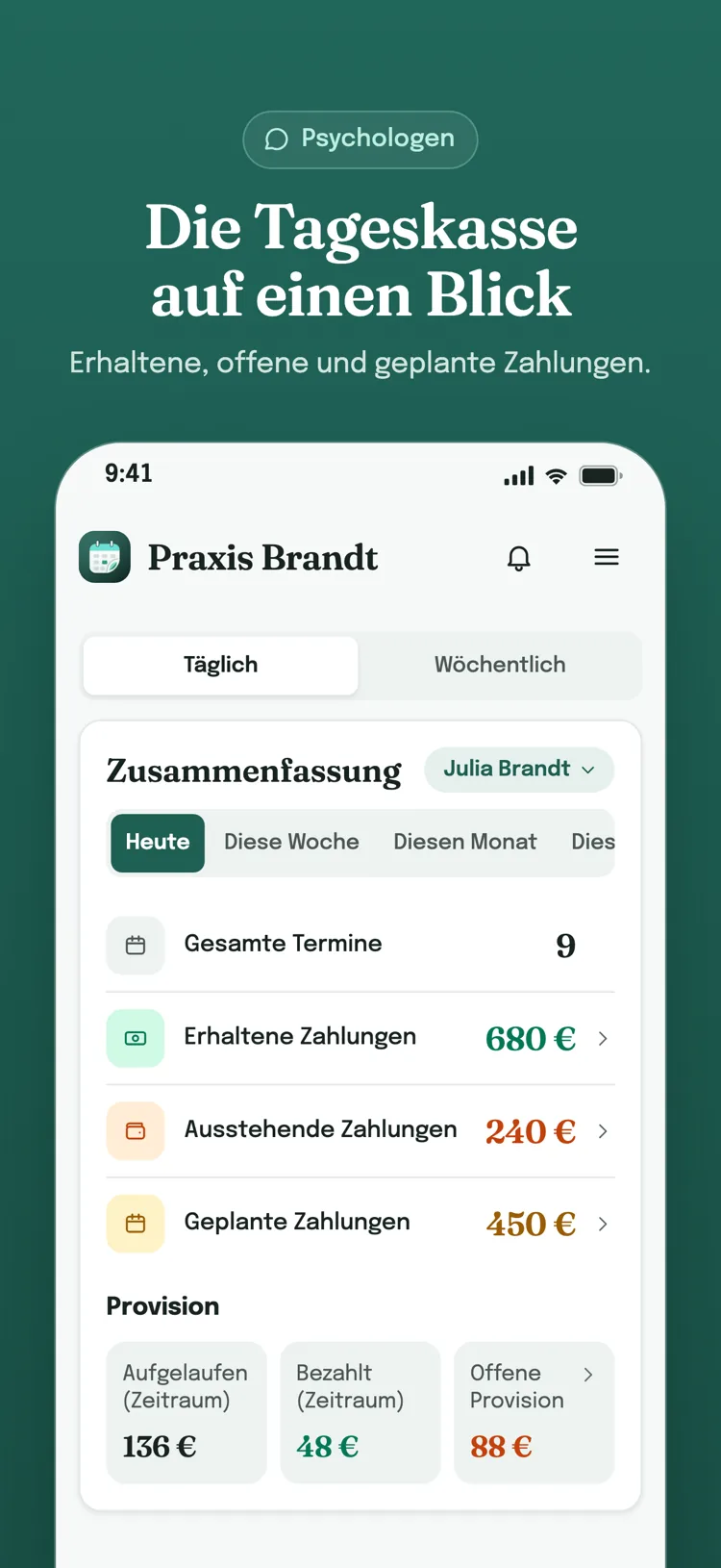 Tagesübersicht: Termine insgesamt, erhaltene, ausstehende und geplante Zahlungen sowie die Provision der Mitarbeiter.