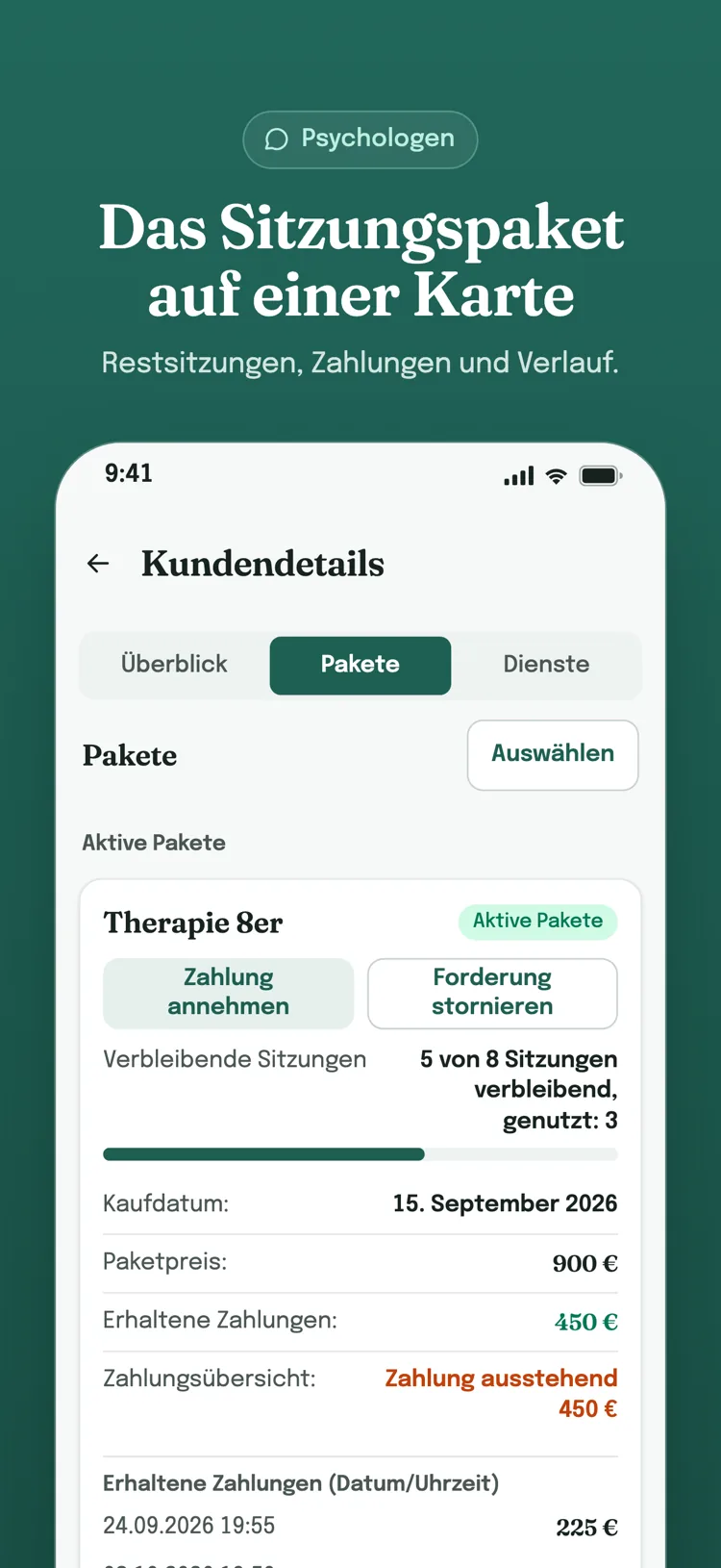 Paketkarte in den Kundendetails: verbleibende Sitzungen, erhaltene Zahlungen und Nutzungsverlauf auf einer Karte.