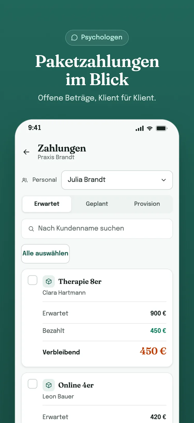 Zahlungsbildschirm, Reiter „Erwartet“: erwarteter, bezahlter und offener Betrag jedes Kunden auf einer eigenen Karte.