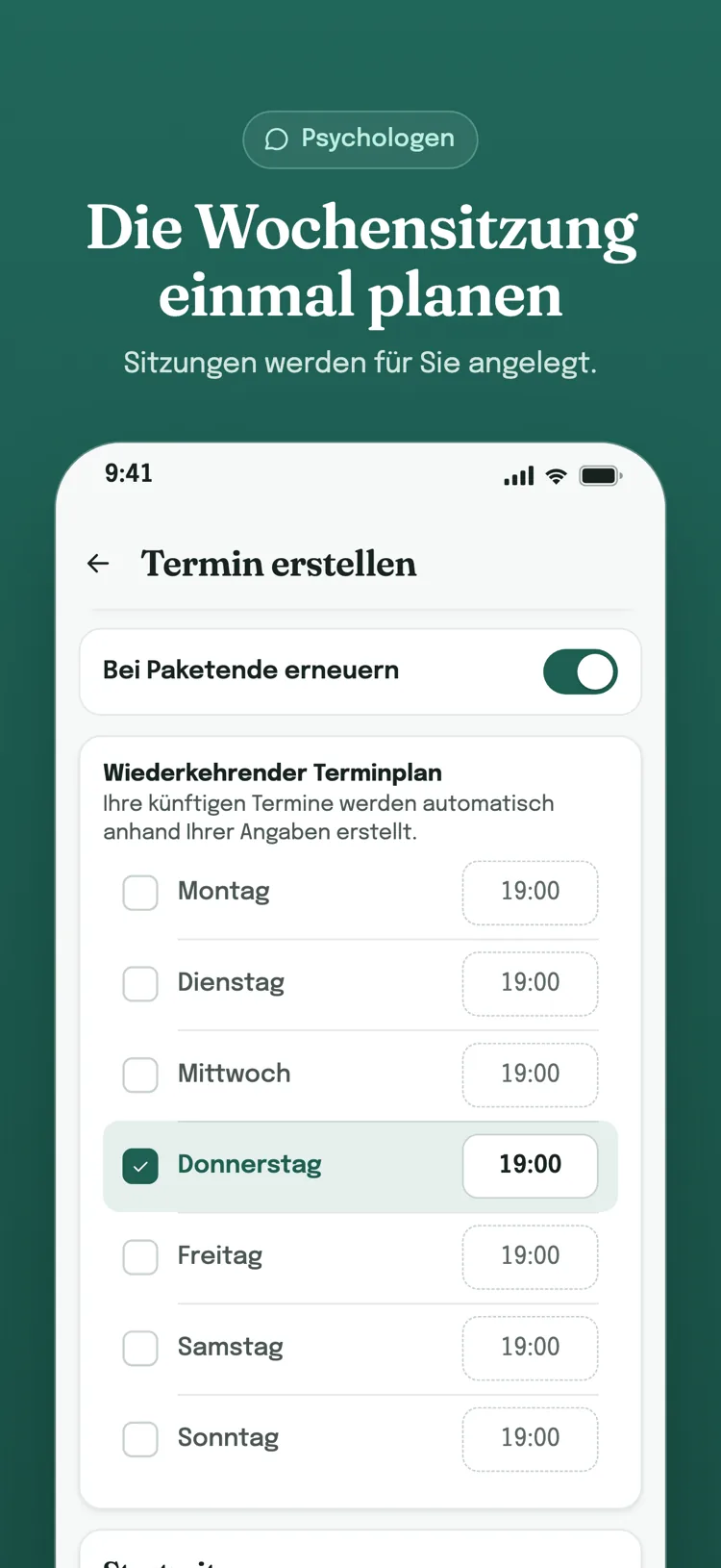 Plan für Serientermine: gewählte Wochentage und Uhrzeiten; erneuert sich, wenn das Paket endet.