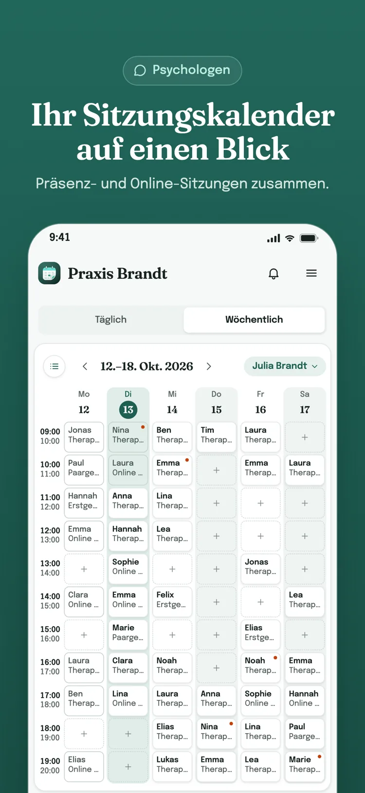Wochenkalender für Termine: Leistungen, Pakete und Gruppentermine Ihrer Branche für die ganze Woche auf einem Bildschirm; freie Zeitfenster zeigen ein Plus-Zeichen.