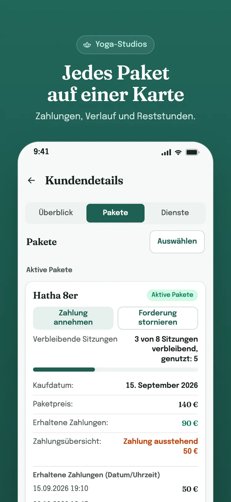 Paketkarte in den Kundendetails: verbleibende Sitzungen, erhaltene Zahlungen und Nutzungsverlauf auf einer Karte.