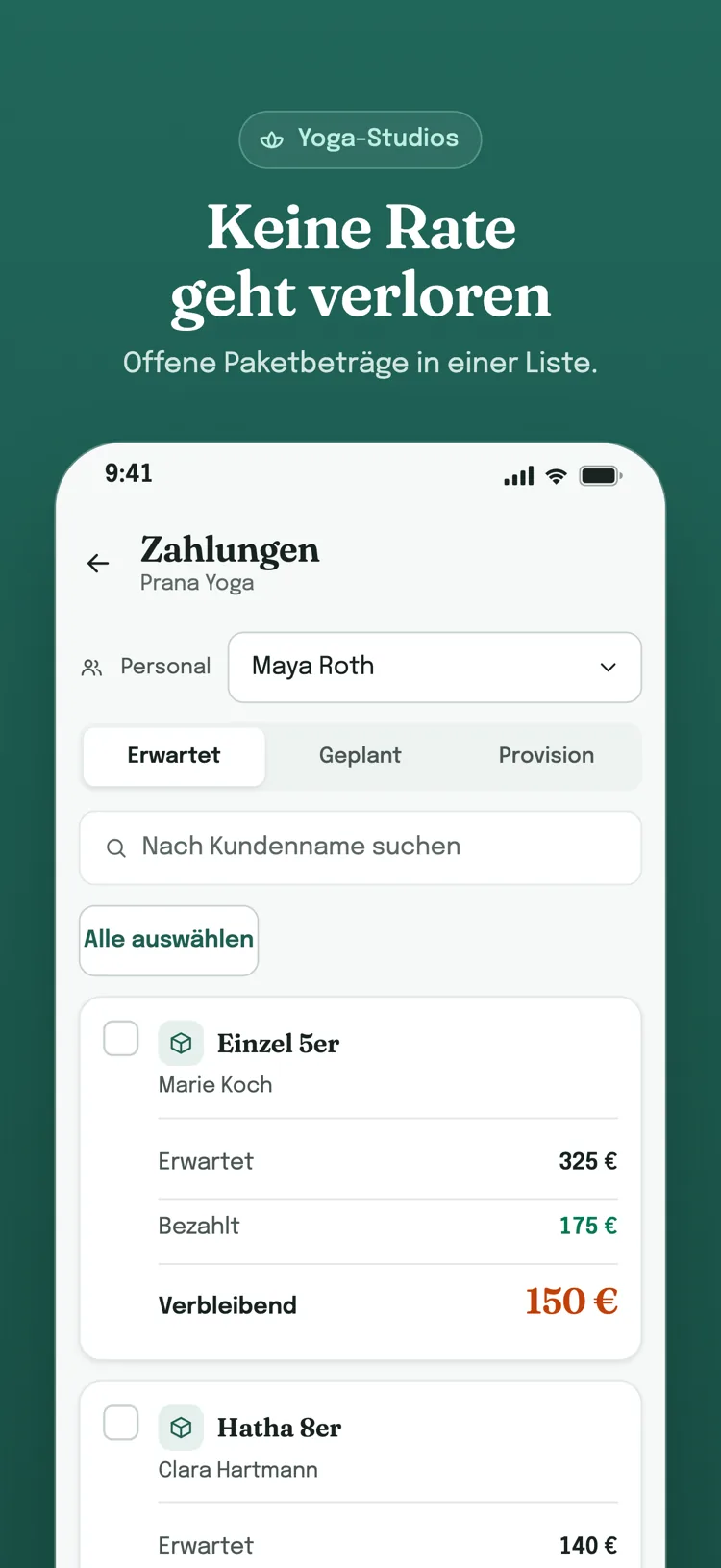Zahlungsbildschirm, Reiter „Erwartet“: erwarteter, bezahlter und offener Betrag jedes Kunden auf einer eigenen Karte.