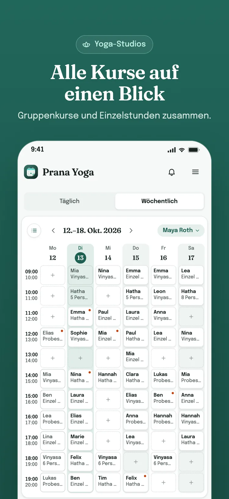 Wochenkalender für Termine: Leistungen, Pakete und Gruppentermine Ihrer Branche für die ganze Woche auf einem Bildschirm; freie Zeitfenster zeigen ein Plus-Zeichen.