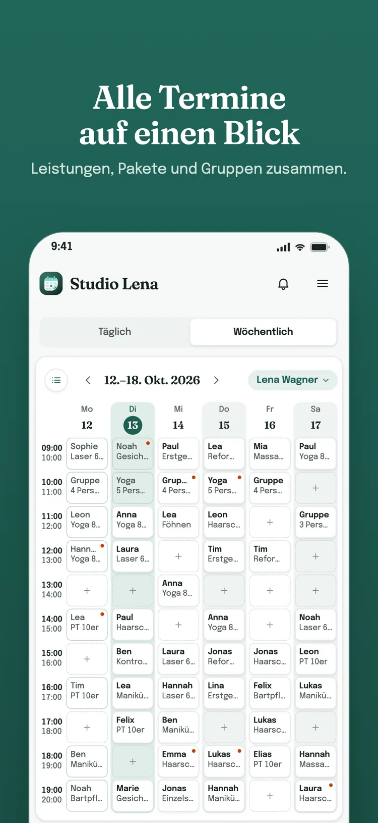 Alle Termine auf einem Bildschirm – der Nexora-Wochenkalender: Leistungen, Pakete und Gruppenstunden der ganzen Woche auf einem Blick.