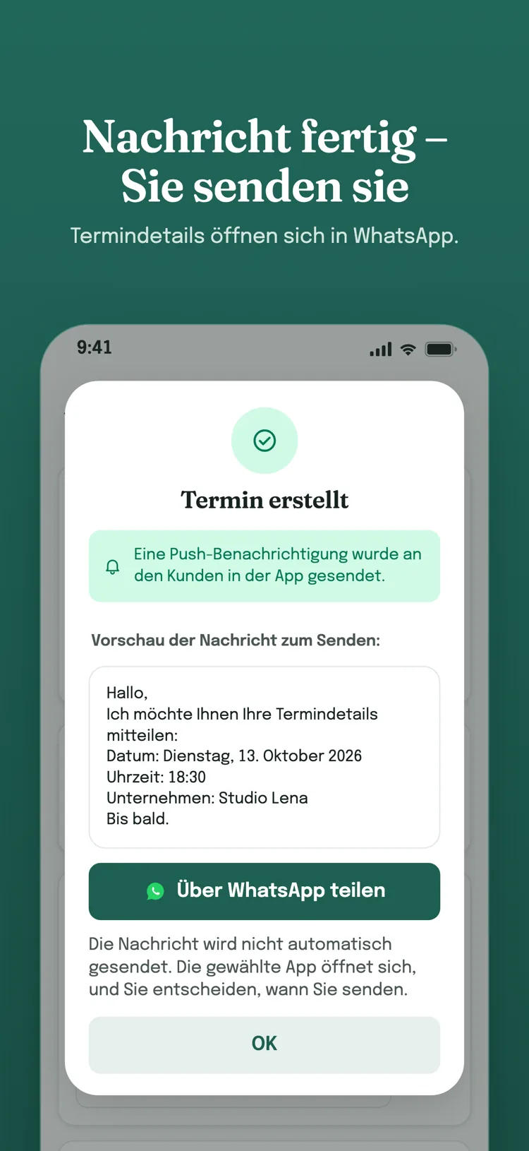Nachricht fertig, Sie senden sie – nach dem Anlegen eines Termins öffnet sich eine vorbereitete Nachricht in WhatsApp; der Betrieb sendet sie ab.