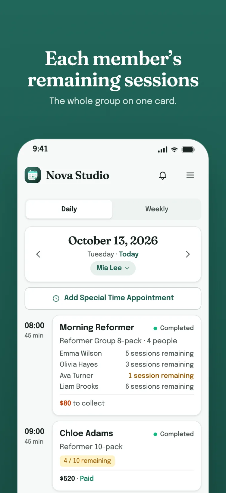 Each member's remaining sessions — group session card in the daily list: each member's remaining sessions shown separately.