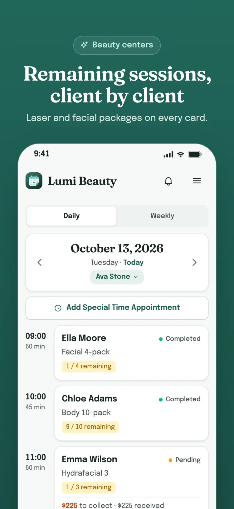 Daily list: the day's appointments hour by hour; payment status for services, remaining sessions for packages and for each group member.