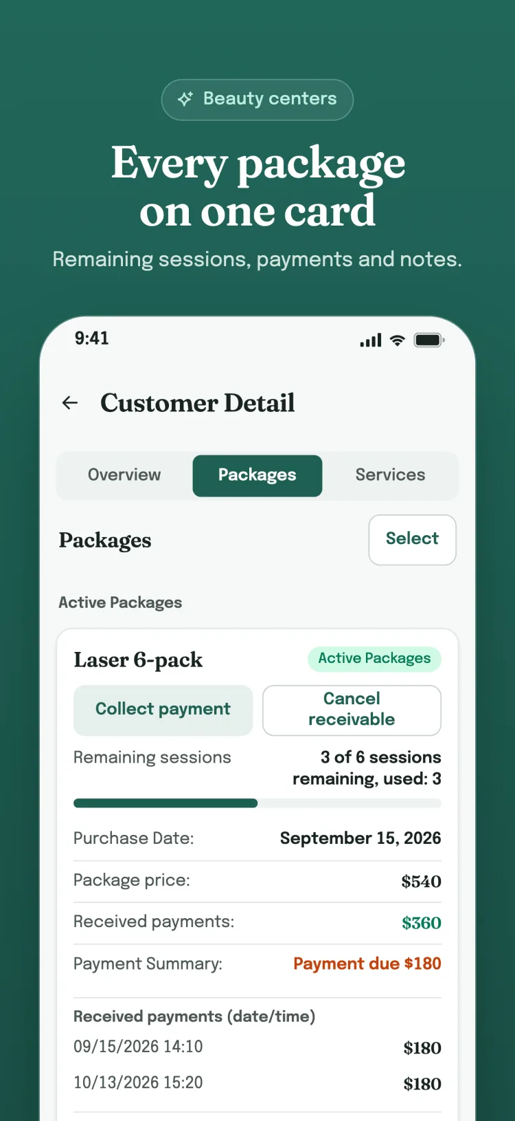 Package card in customer details: remaining sessions, received payments and usage history on one card.
