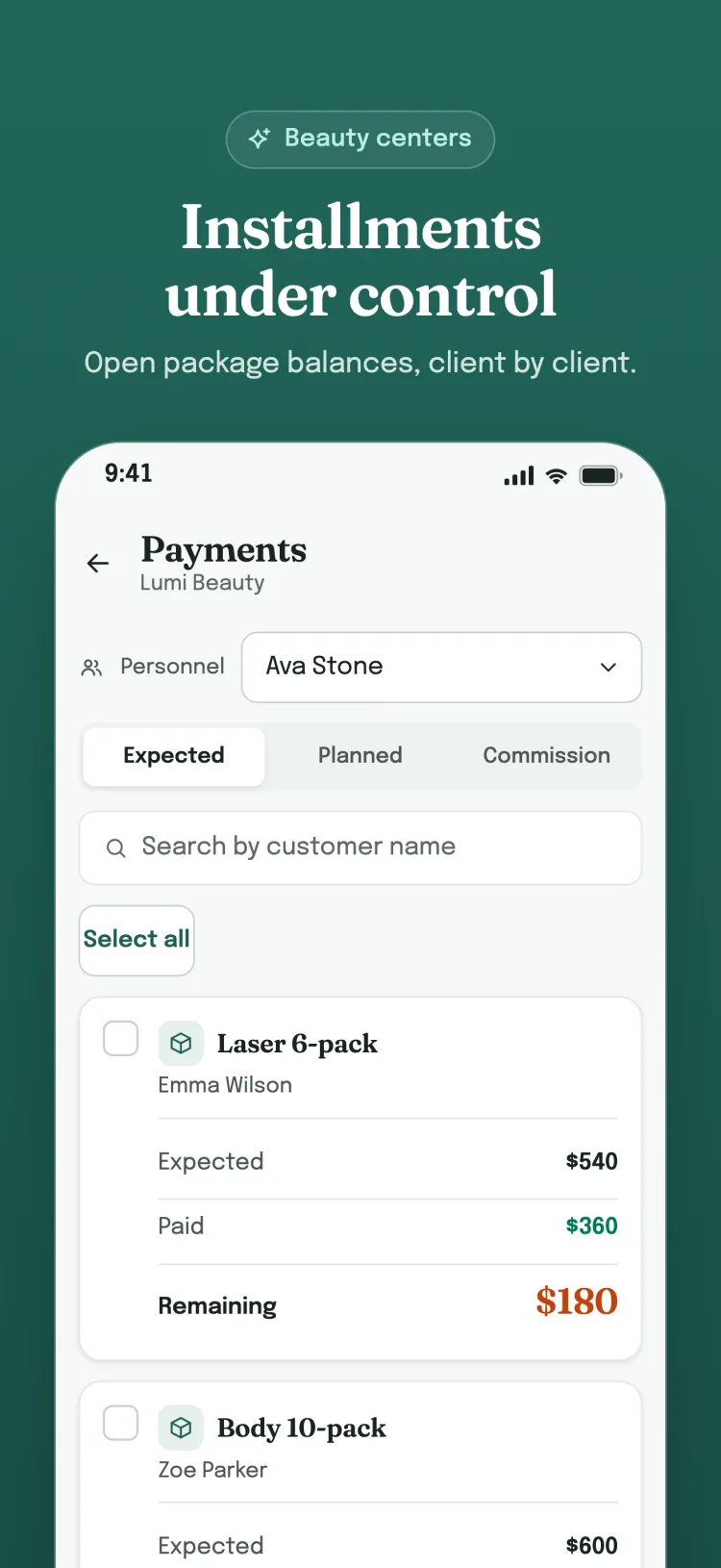Payments screen, Expected tab: each customer's expected, paid and remaining amount on its own card.