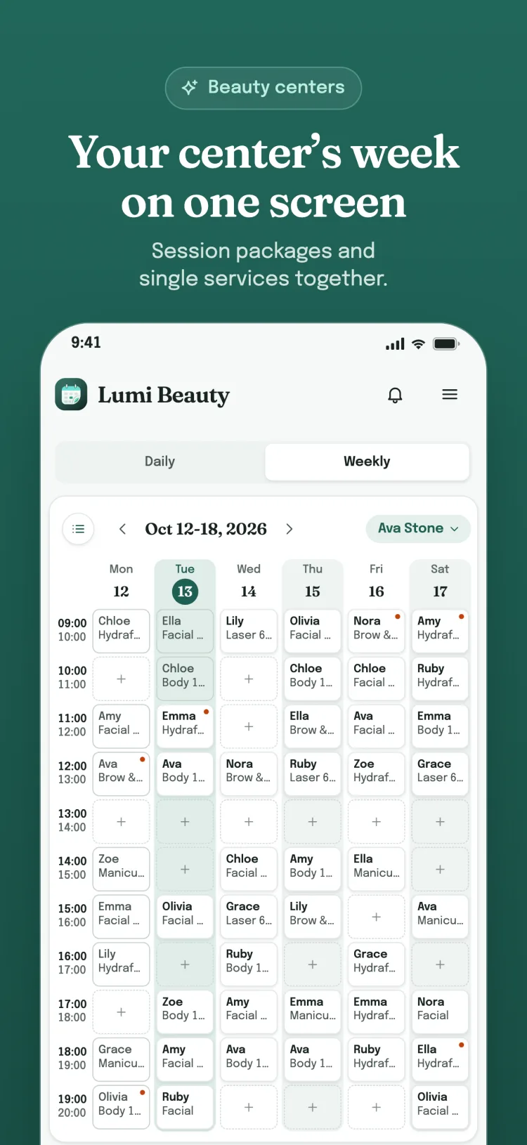 Weekly appointment calendar: the sector's service, package and group appointments for the whole week on one screen; open slots show a plus sign.