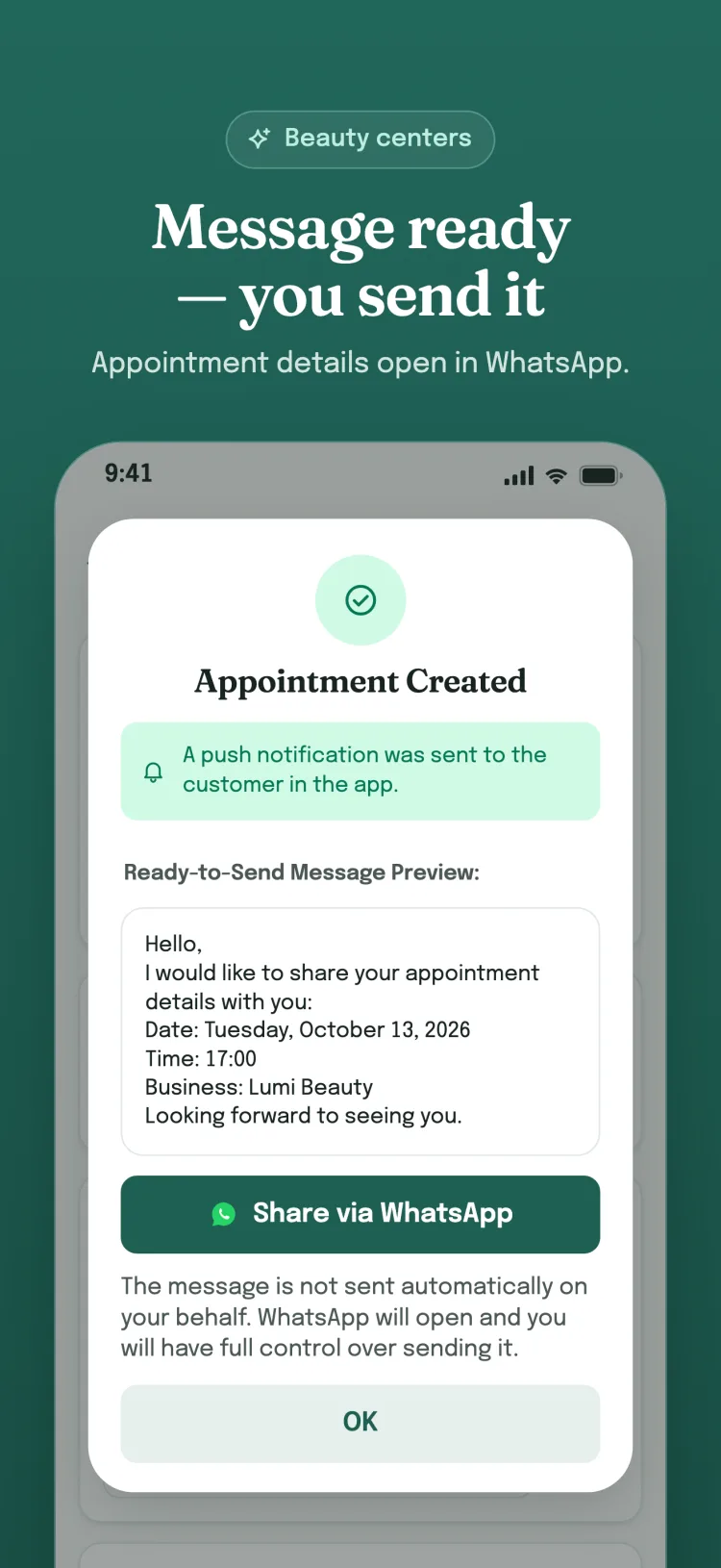Appointment created dialog: a ready message opens in WhatsApp; the business sends it itself.