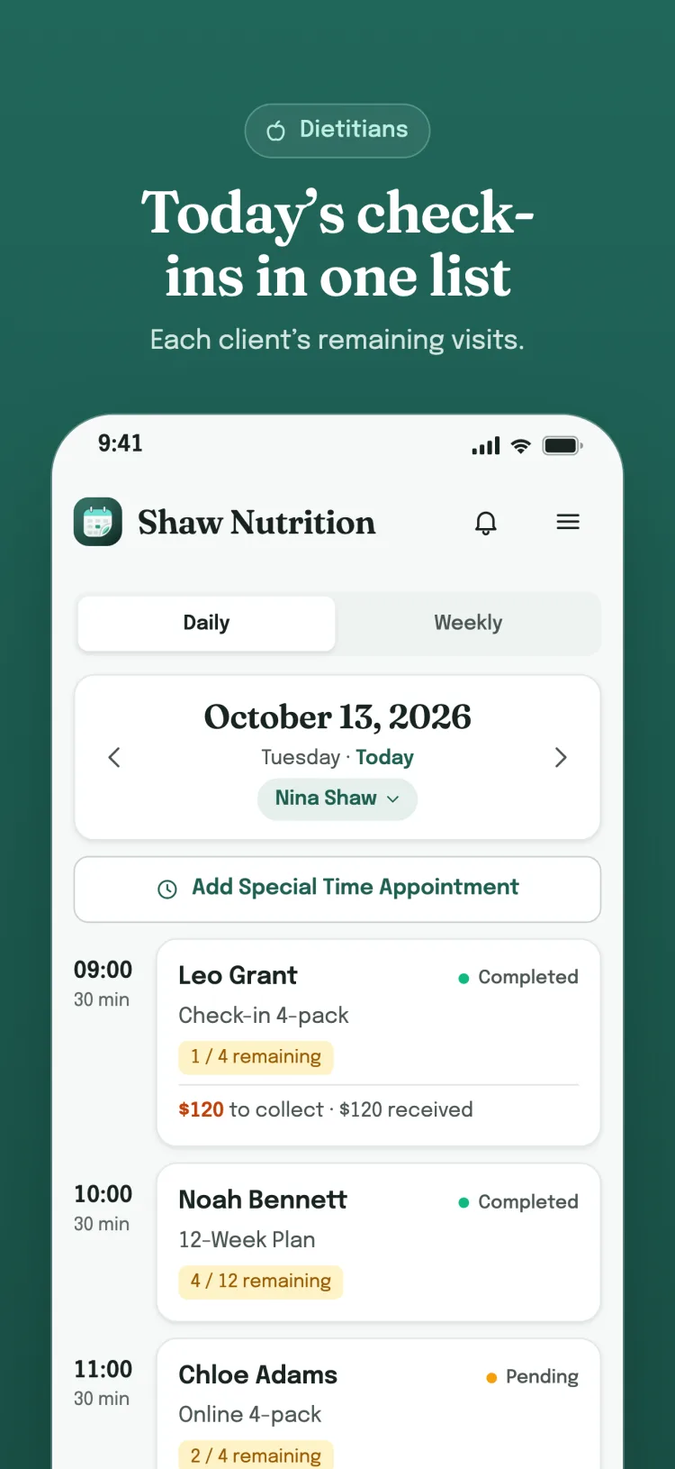 Daily list: the day's appointments hour by hour; payment status for services, remaining sessions for packages and for each group member.