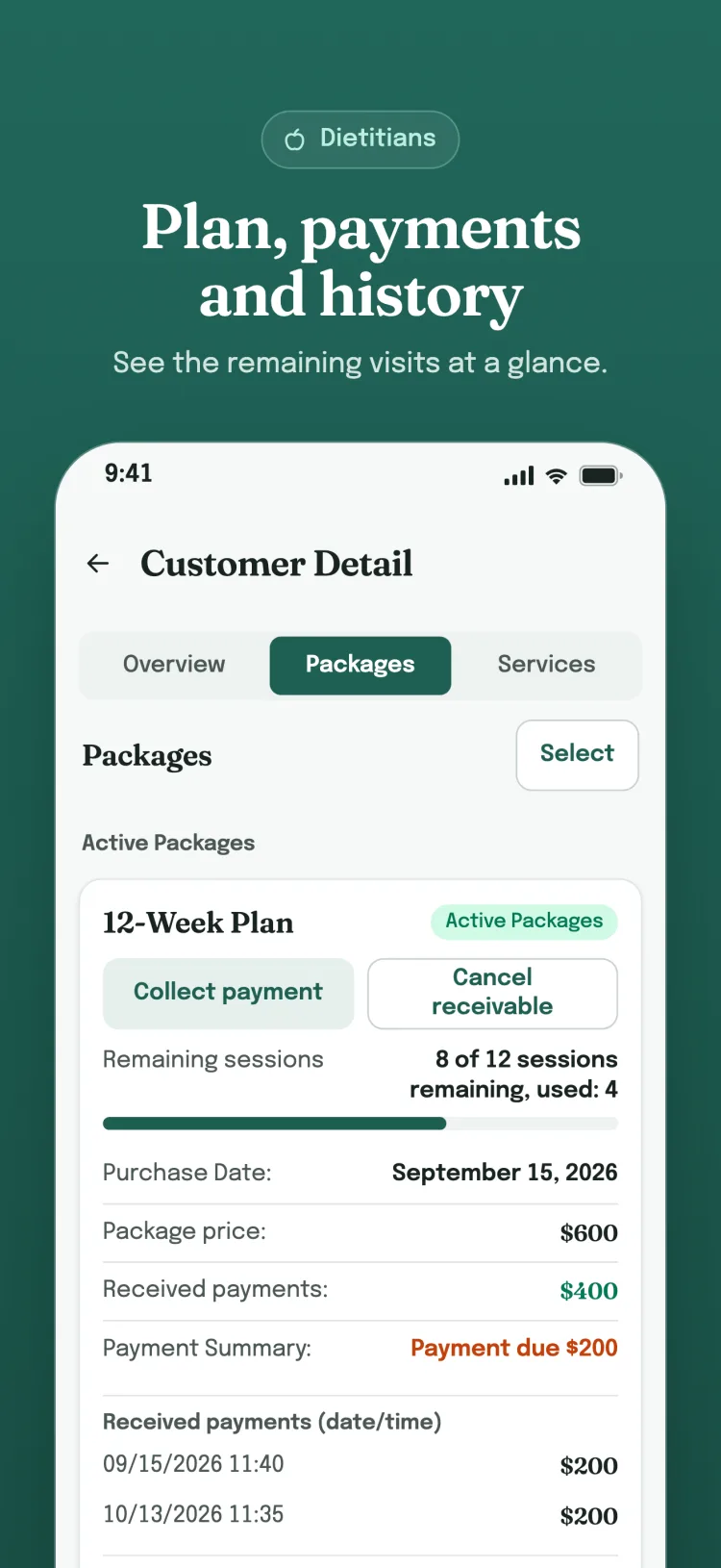 Package card in customer details: remaining sessions, received payments and usage history on one card.
